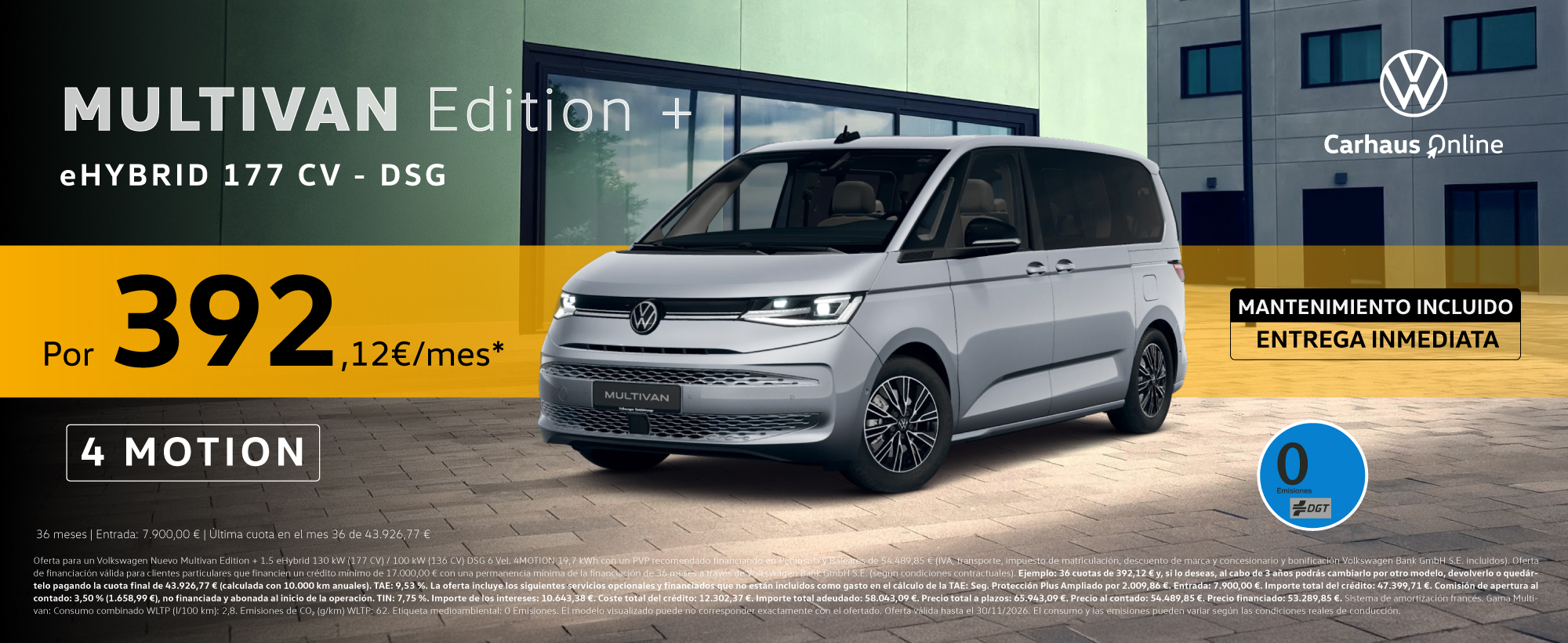 Volkswagen Multivan Edition+ eHybrid 4MOTION por 392,12 euros al mes